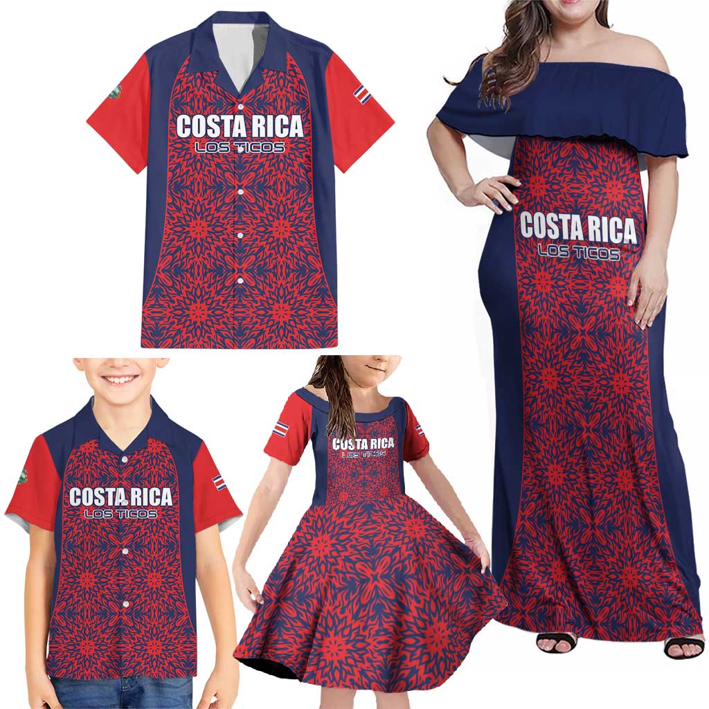 Custom Costa Rica Football Family Matching Off Shoulder Maxi Dress and Hawaiian Shirt Los Ticos Unique Pattern