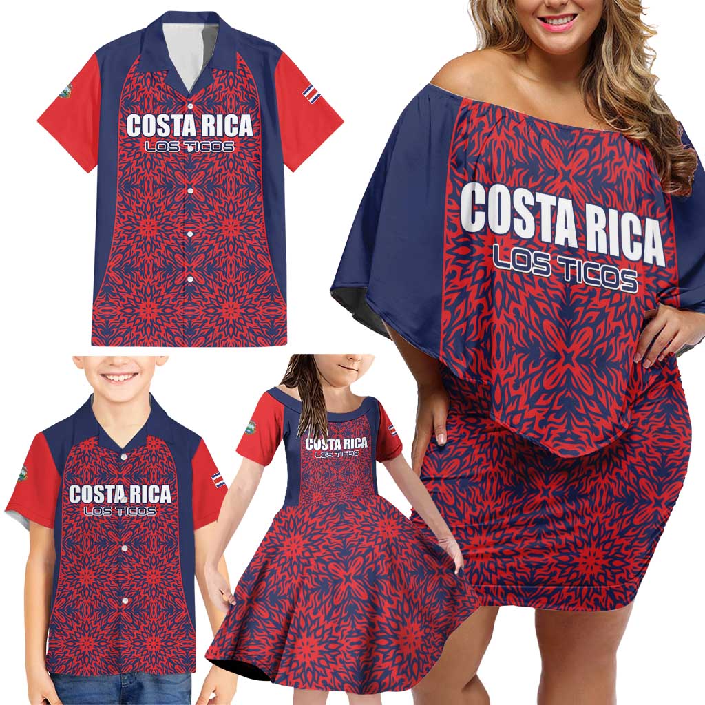 Custom Costa Rica Football Family Matching Off Shoulder Short Dress and Hawaiian Shirt Los Ticos Unique Pattern