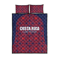 Costa Rica football quilt bed set with red starburst pattern and two dark blue pillowcases
