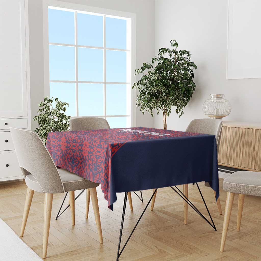 Red and navy patterned football tablecloth with draped corners
