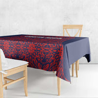 Red and navy abstract-pattern tablecloth with solid navy side
