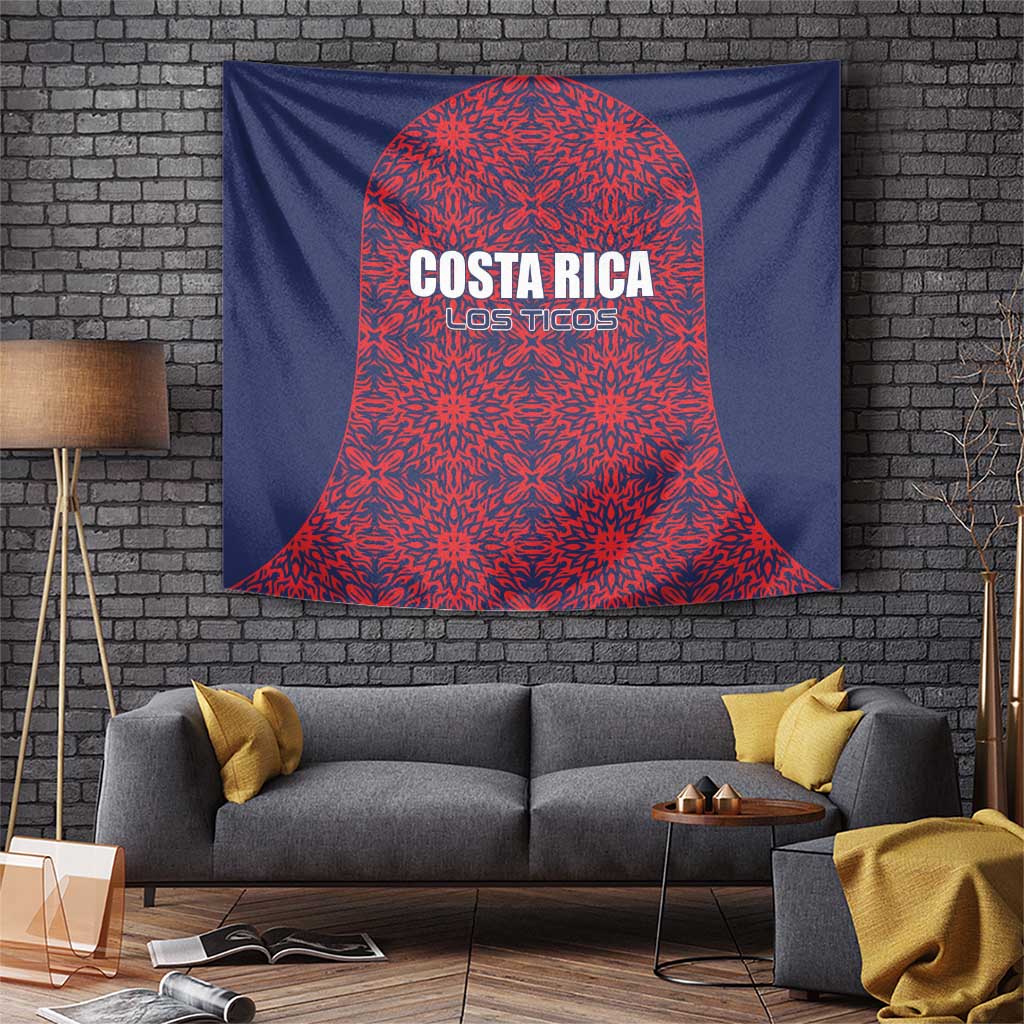 Wall tapestry with navy fabric, red starburst bell graphic and COSTA RICA text