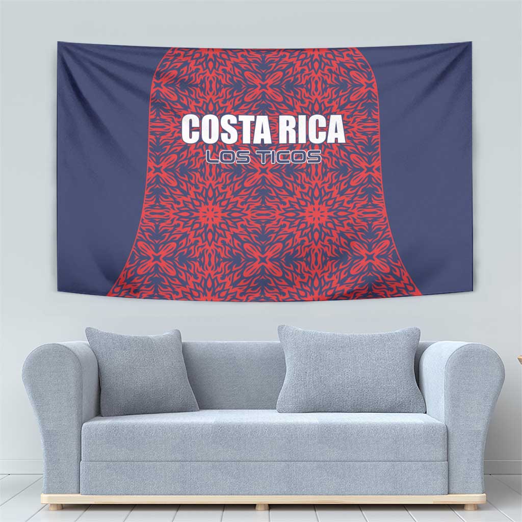 Centered navy wall tapestry with red starburst bell and COSTA RICA / LOS TICOS text
