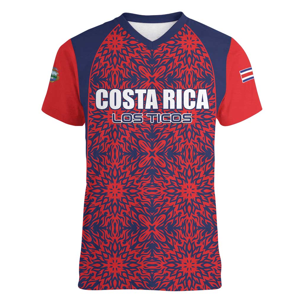 Custom Costa Rica Football Women V-Neck T-Shirt Los Ticos Unique Pattern