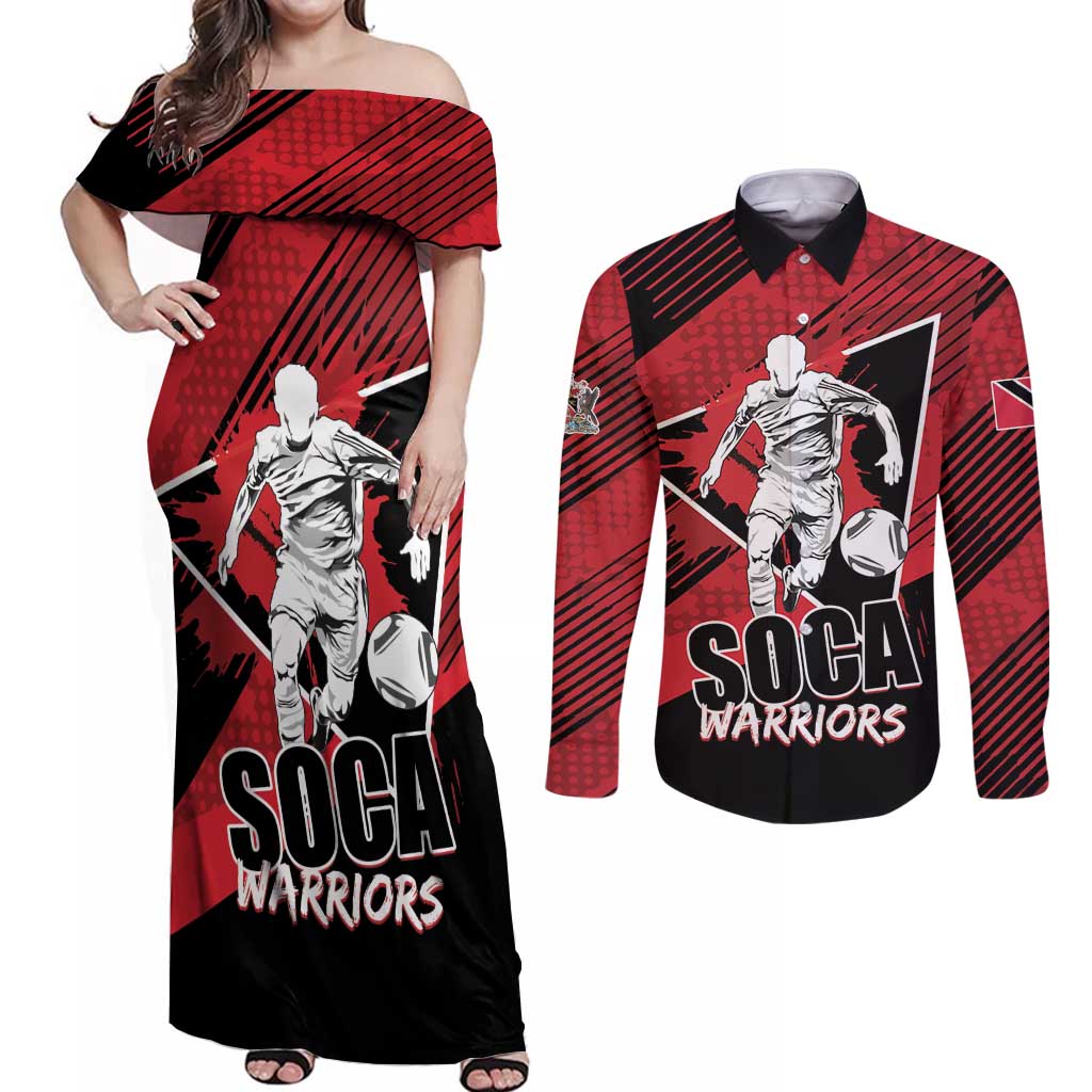 Custom Trinidad and Tobago Football Couples Matching Off Shoulder Maxi Dress and Long Sleeve Button Shirt Soca Warriors In My Heart