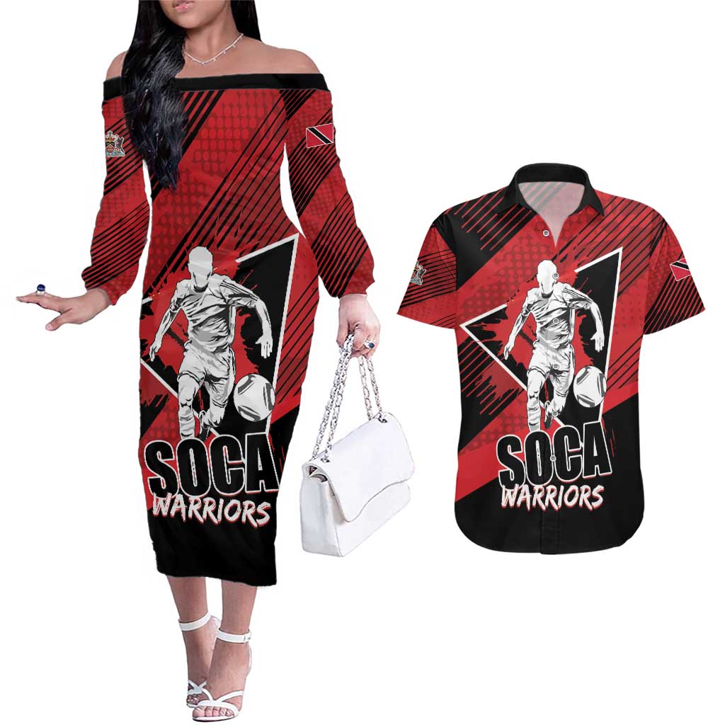 Custom Trinidad and Tobago Football Couples Matching Off The Shoulder Long Sleeve Dress and Hawaiian Shirt Soca Warriors In My Heart