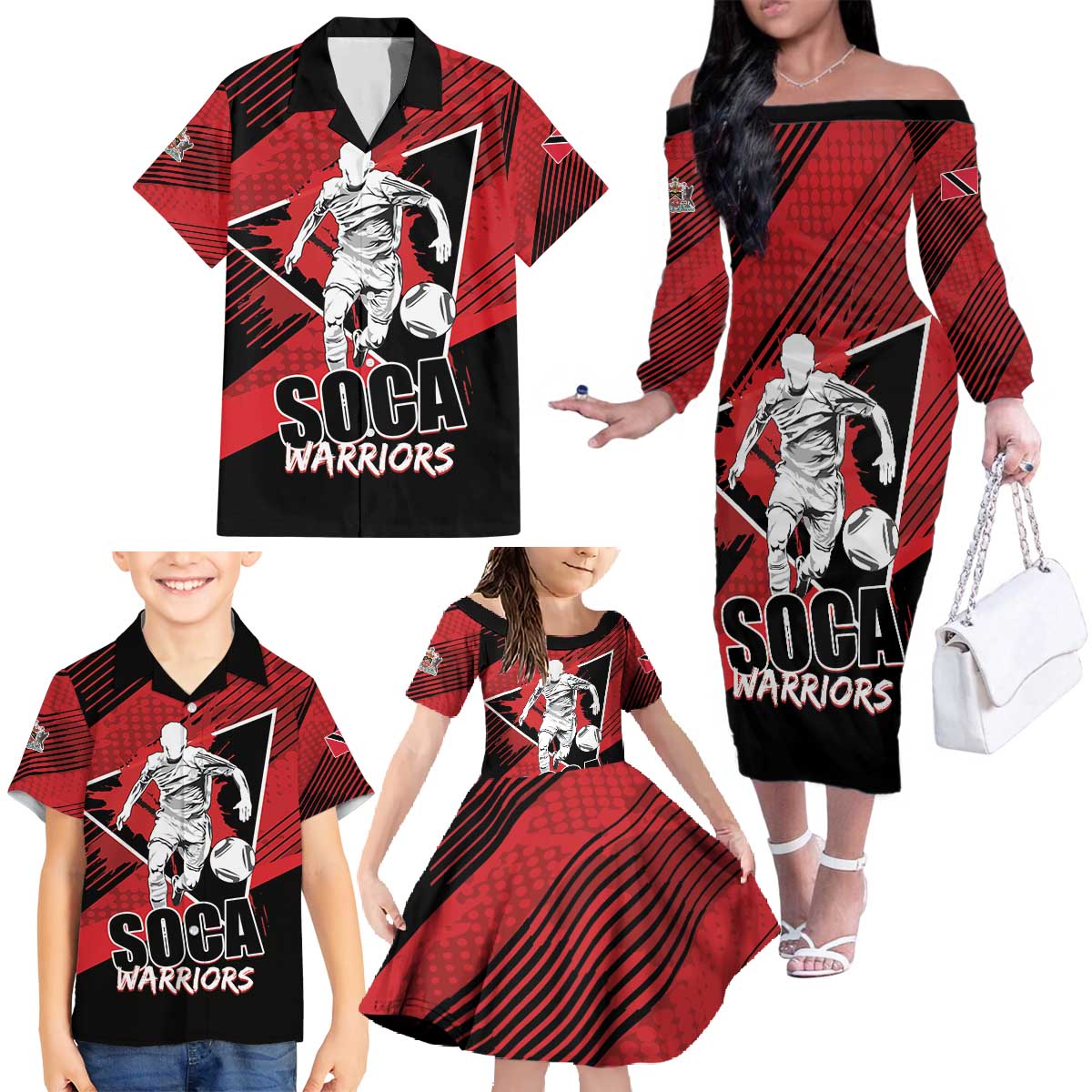 Custom Trinidad and Tobago Football Family Matching Off The Shoulder Long Sleeve Dress and Hawaiian Shirt Soca Warriors In My Heart