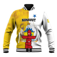Baseball jacket with yellow sleeves, white body, front graphic, striped ribbed collar