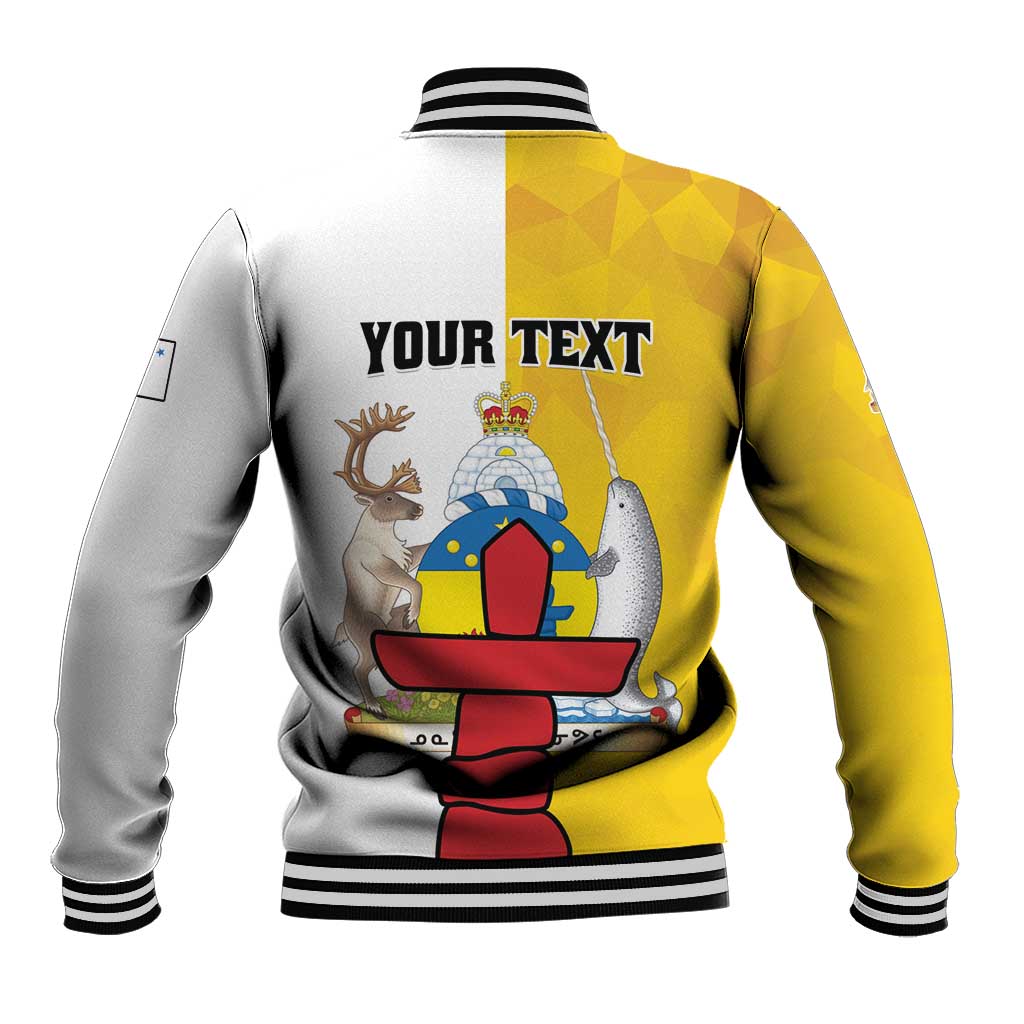 Baseball jacket with yellow back, white body, YOUR TEXT print, striped cuffs