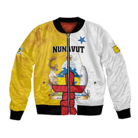 Yellow and white bomber jacket with full-zip front and Nunavut graphic