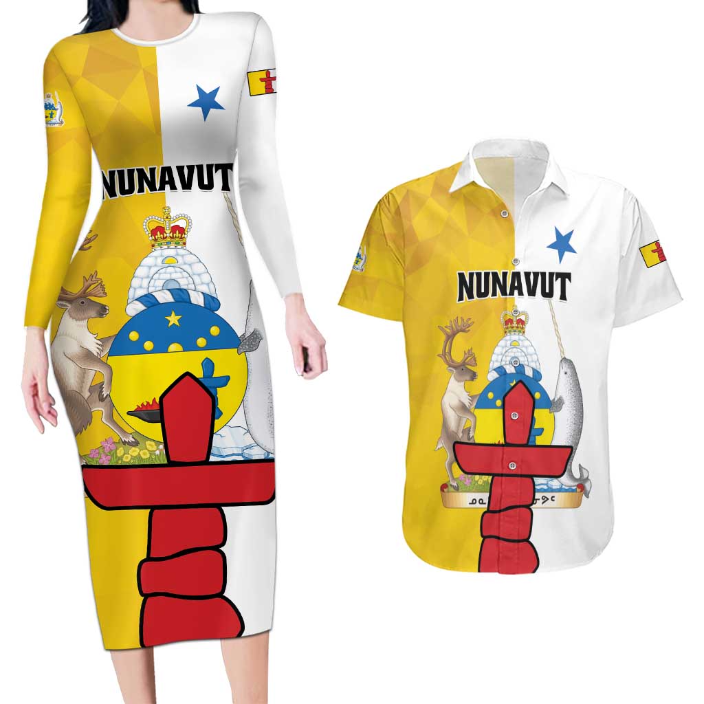 Personalized Canada Nunavut Territories Couples Matching Long Sleeve Bodycon Dress and Hawaiian Shirt Inuktitut Our Land Our Strength