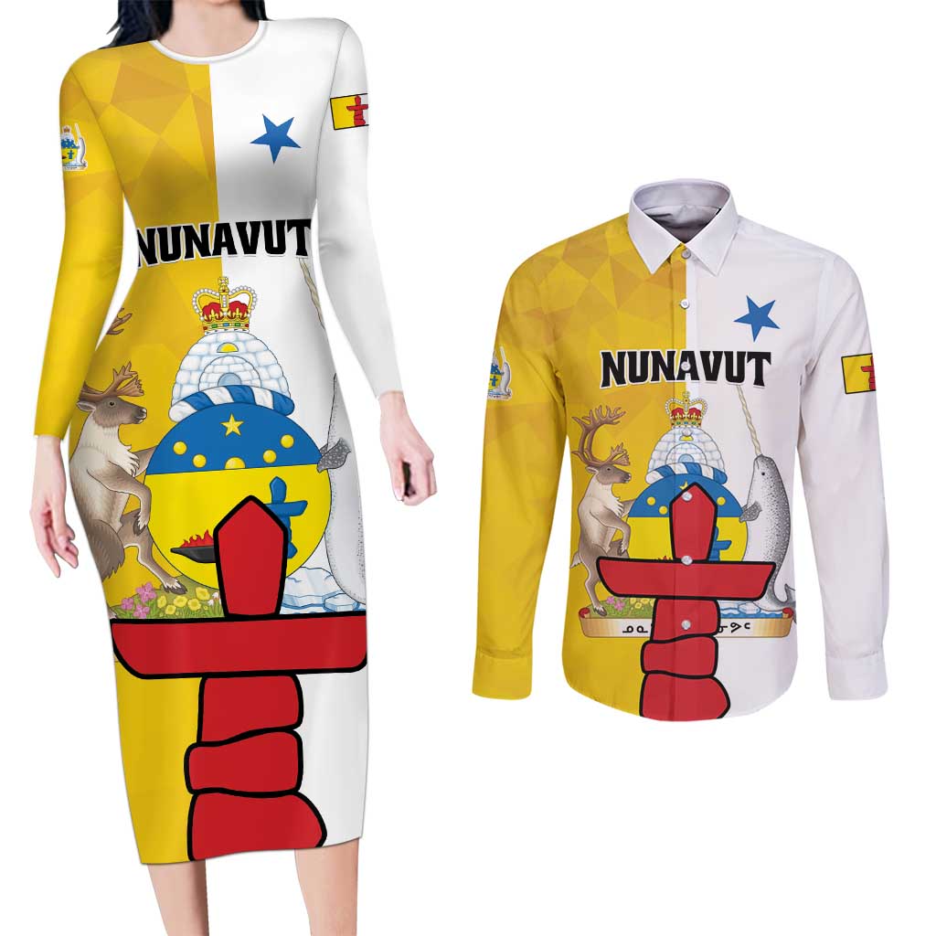 Personalized Canada Nunavut Territories Couples Matching Long Sleeve Bodycon Dress and Long Sleeve Button Shirt Inuktitut Our Land Our Strength