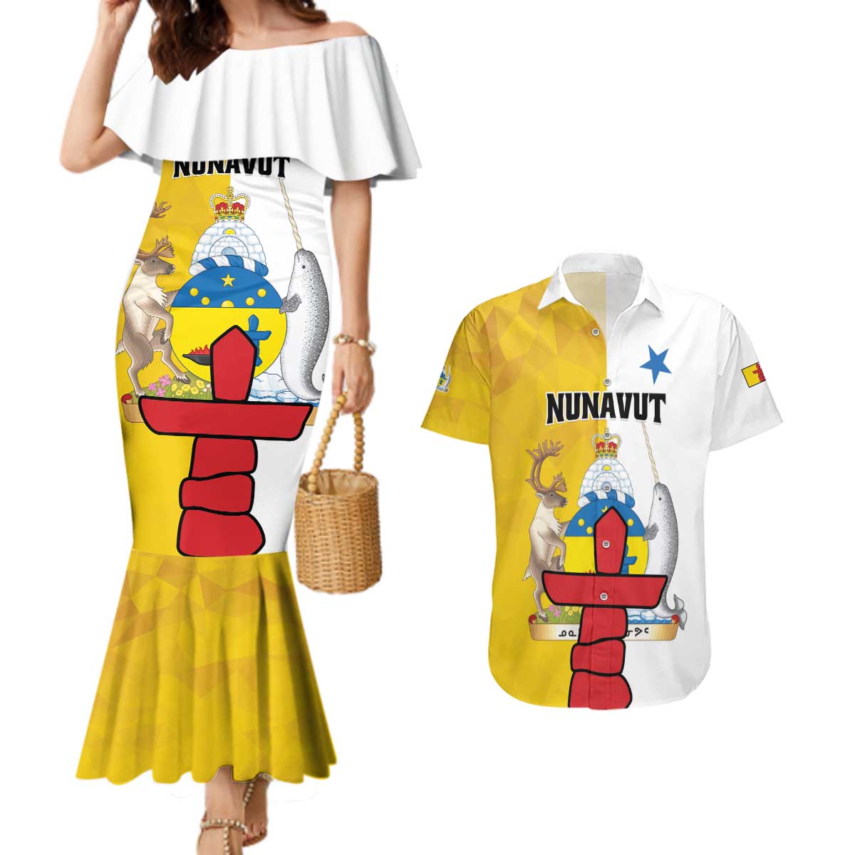 Personalized Canada Nunavut Territories Couples Matching Mermaid Dress and Hawaiian Shirt Inuktitut Our Land Our Strength