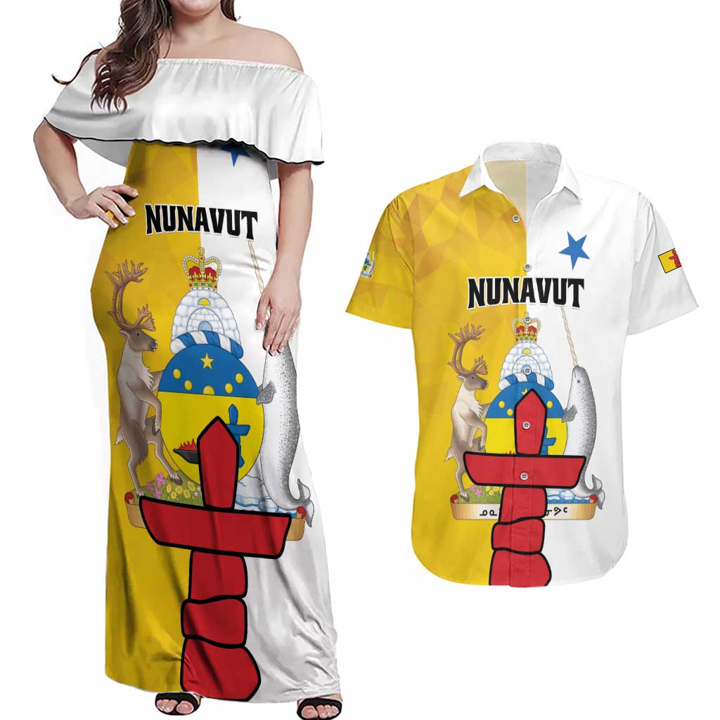 Personalized Canada Nunavut Territories Couples Matching Off Shoulder Maxi Dress and Hawaiian Shirt Inuktitut Our Land Our Strength