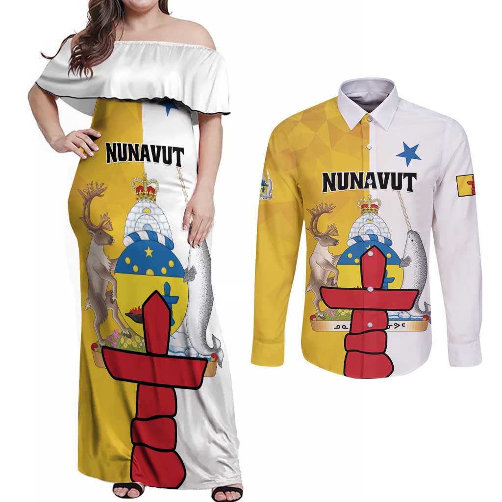 Personalized Canada Nunavut Territories Couples Matching Off Shoulder Maxi Dress and Long Sleeve Button Shirt Inuktitut Our Land Our Strength