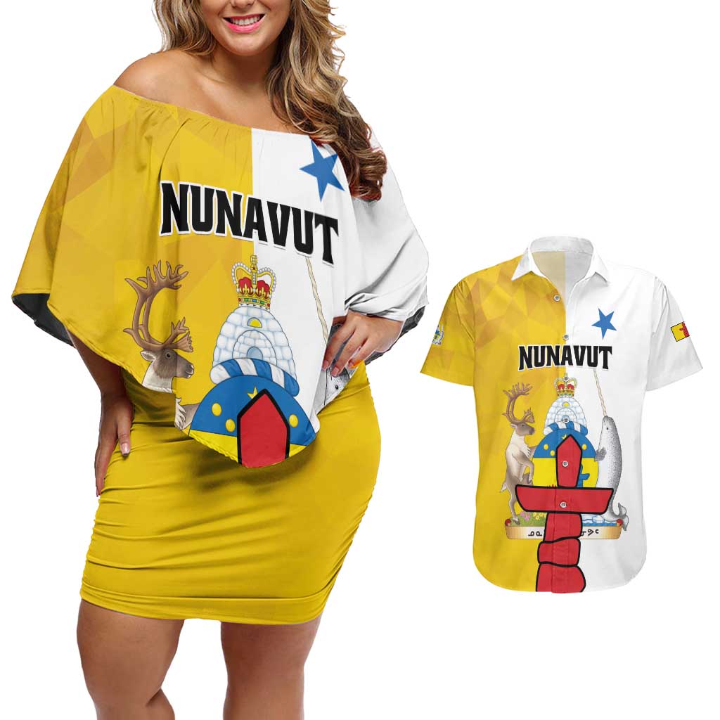 Personalized Canada Nunavut Territories Couples Matching Off Shoulder Short Dress and Hawaiian Shirt Inuktitut Our Land Our Strength