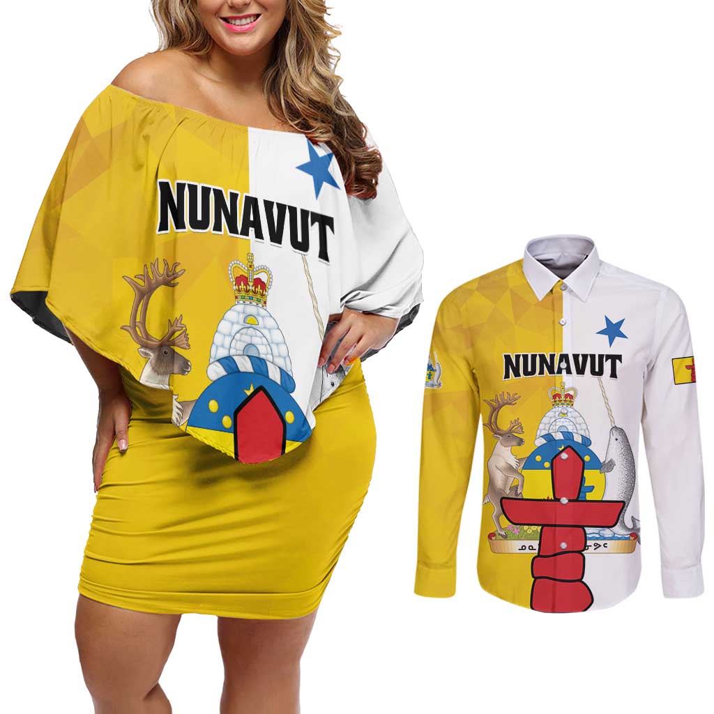 Personalized Canada Nunavut Territories Couples Matching Off Shoulder Short Dress and Long Sleeve Button Shirt Inuktitut Our Land Our Strength