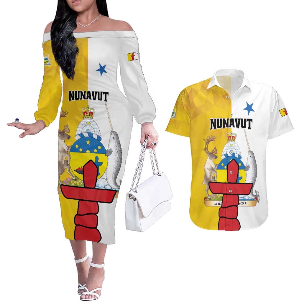 Personalized Canada Nunavut Territories Couples Matching Off The Shoulder Long Sleeve Dress and Hawaiian Shirt Inuktitut Our Land Our Strength