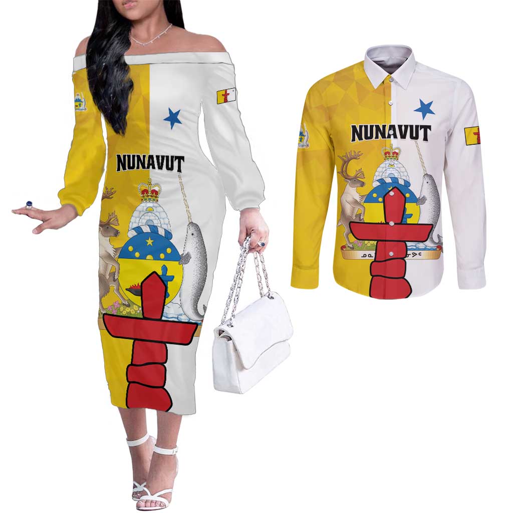 Personalized Canada Nunavut Territories Couples Matching Off The Shoulder Long Sleeve Dress and Long Sleeve Button Shirt Inuktitut Our Land Our Strength