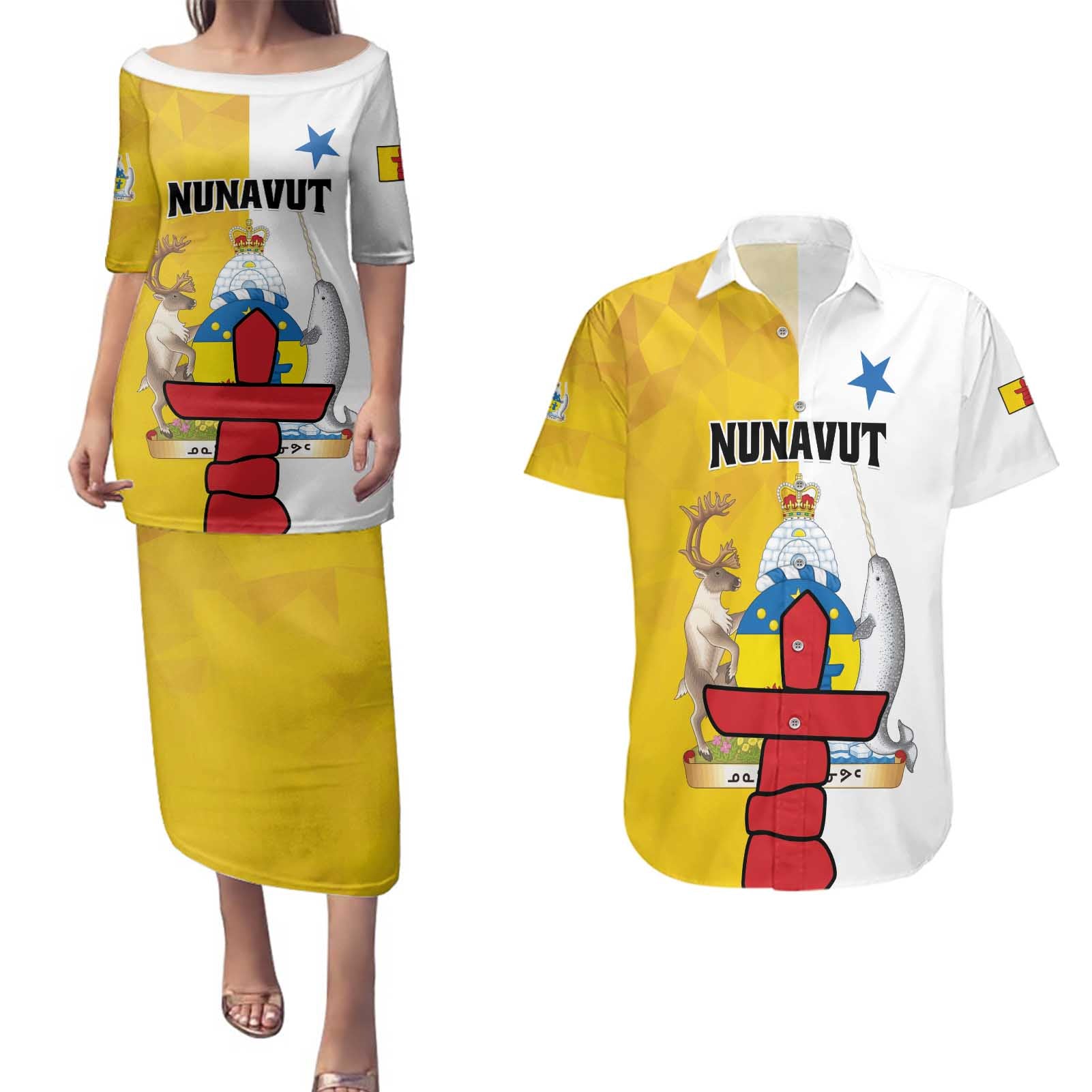 Personalized Canada Nunavut Territories Couples Matching Puletasi and Hawaiian Shirt Inuktitut Our Land Our Strength