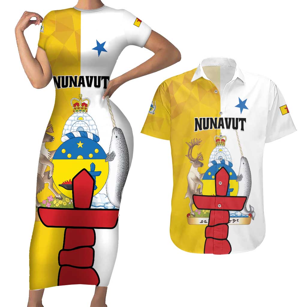 Personalized Canada Nunavut Territories Couples Matching Short Sleeve Bodycon Dress and Hawaiian Shirt Inuktitut Our Land Our Strength