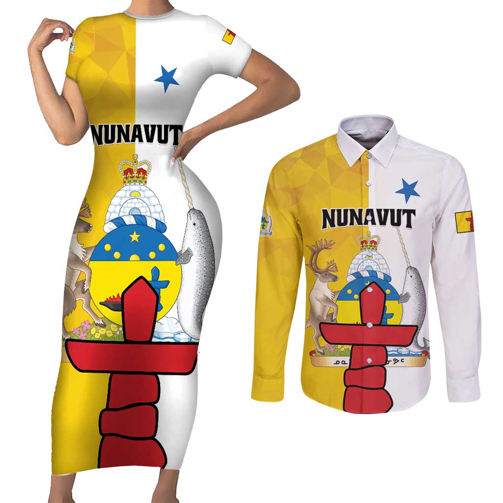 Personalized Canada Nunavut Territories Couples Matching Short Sleeve Bodycon Dress and Long Sleeve Button Shirt Inuktitut Our Land Our Strength