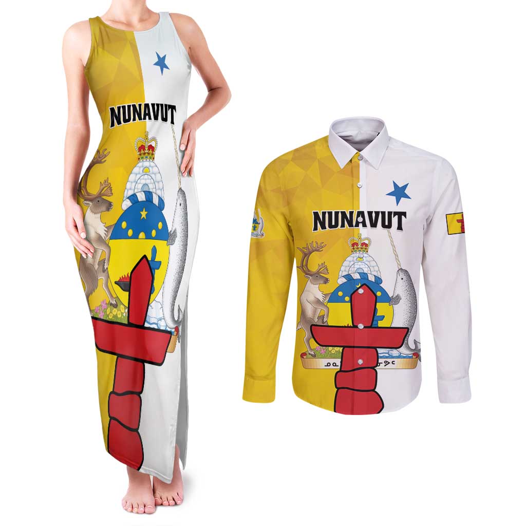 Personalized Canada Nunavut Territories Couples Matching Tank Maxi Dress and Long Sleeve Button Shirt Inuktitut Our Land Our Strength