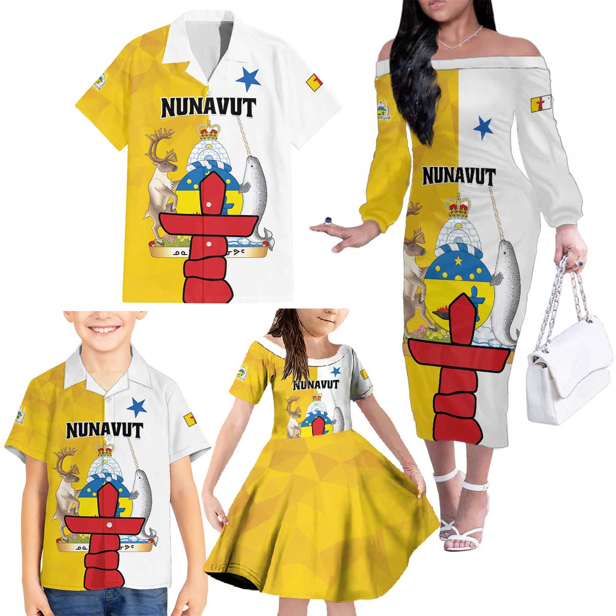 Personalized Canada Nunavut Territories Family Matching Off The Shoulder Long Sleeve Dress and Hawaiian Shirt Inuktitut Our Land Our Strength