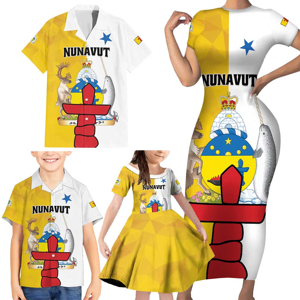 Personalized Canada Nunavut Territories Family Matching Short Sleeve Bodycon Dress and Hawaiian Shirt Inuktitut Our Land Our Strength