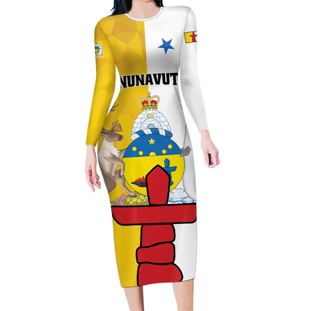 Personalized Canada Nunavut Territories Long Sleeve Bodycon Dress Inuktitut Our Land Our Strength