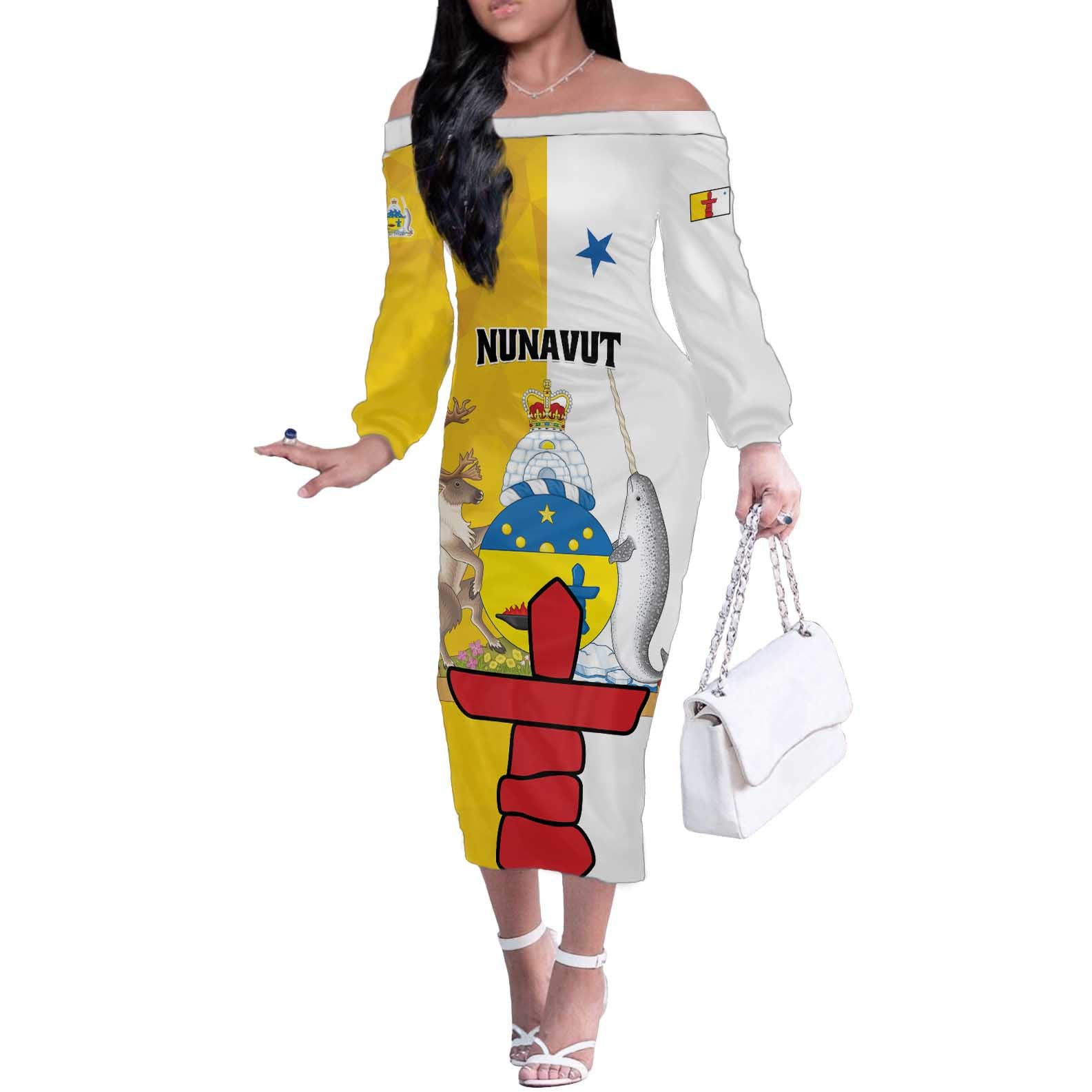 Personalized Canada Nunavut Territories Off The Shoulder Long Sleeve Dress Inuktitut Our Land Our Strength