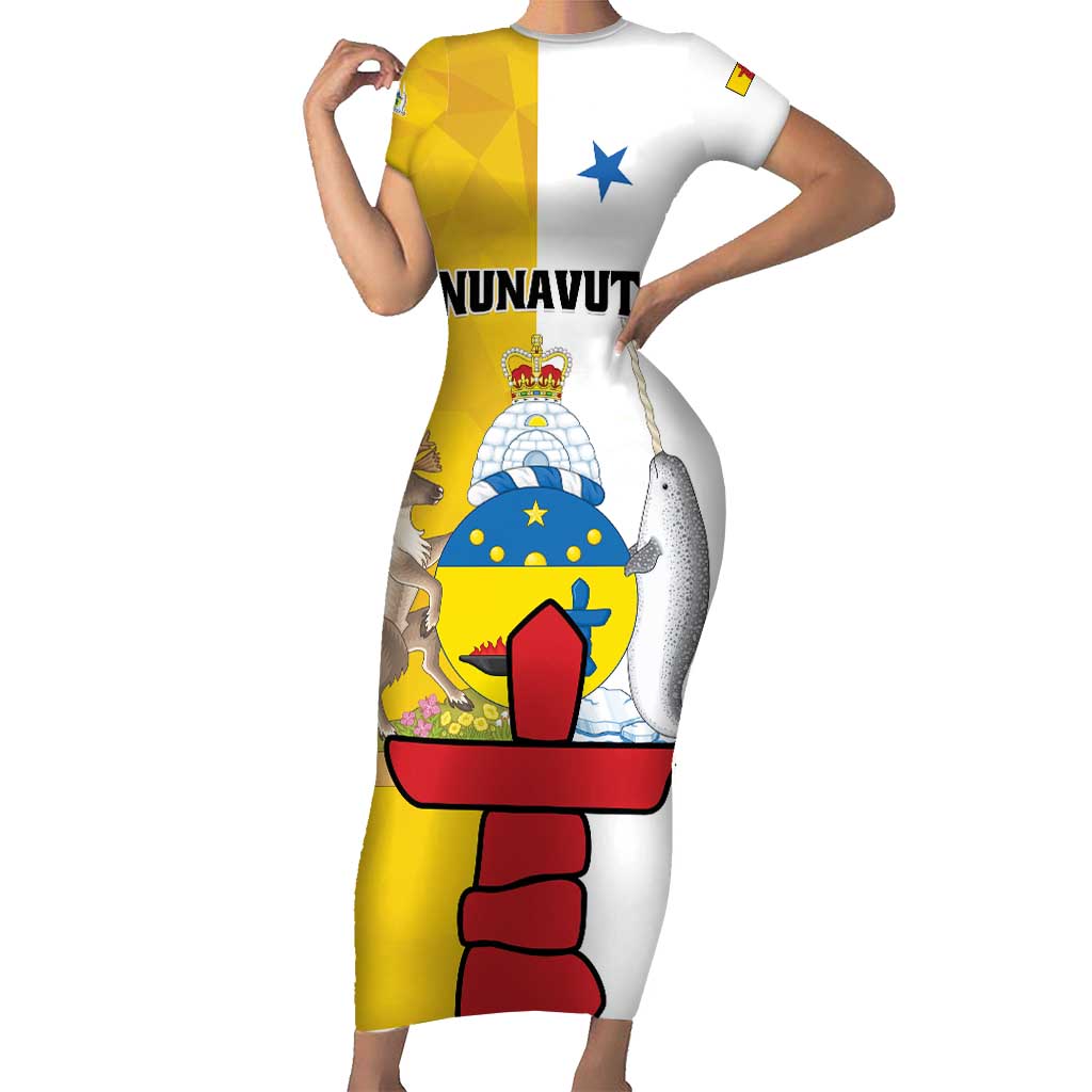 Personalized Canada Nunavut Territories Short Sleeve Bodycon Dress Inuktitut Our Land Our Strength