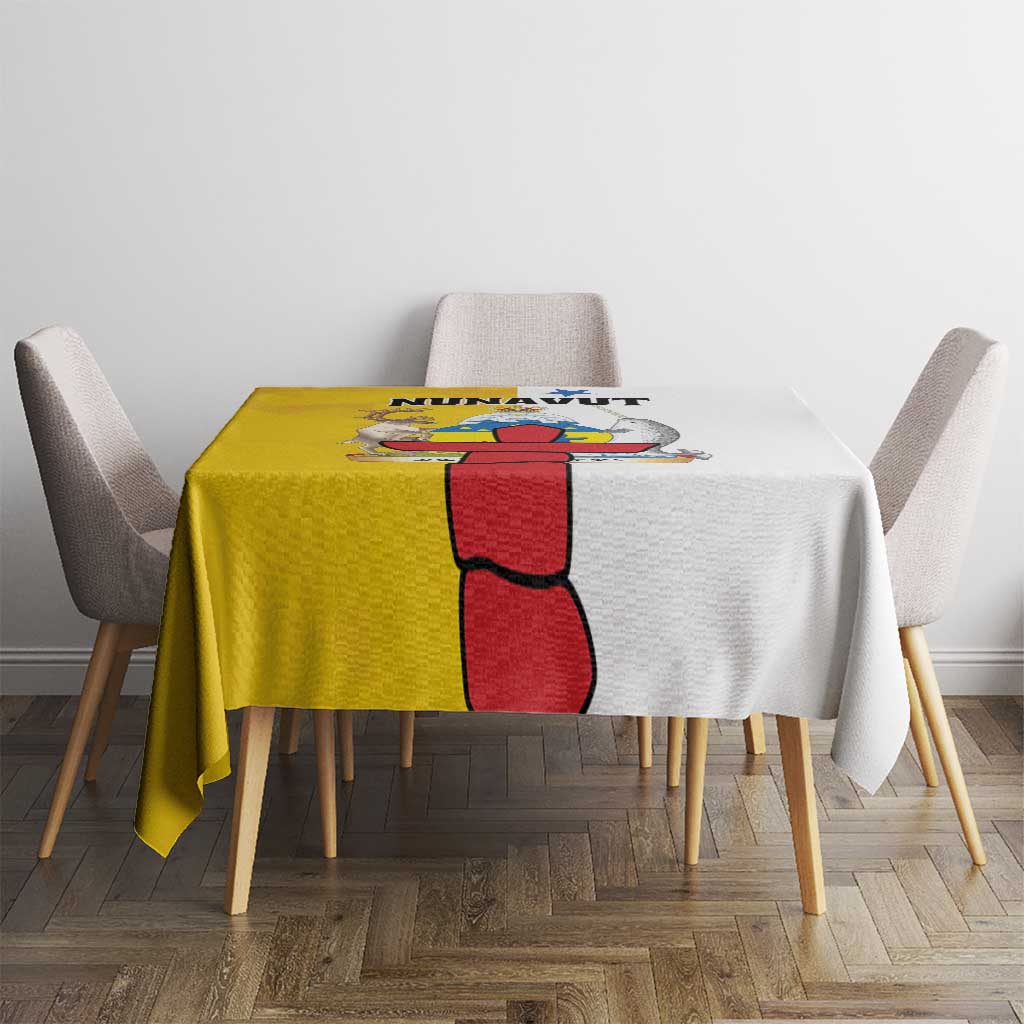 Two-tone yellow and gray tablecloth with large red-and-black figure graphic centerpiece.