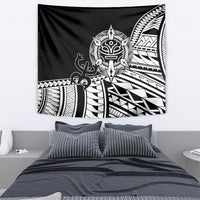 Black Polynesian tattoo wall tapestry with white central tiki face and sail-like motifs
