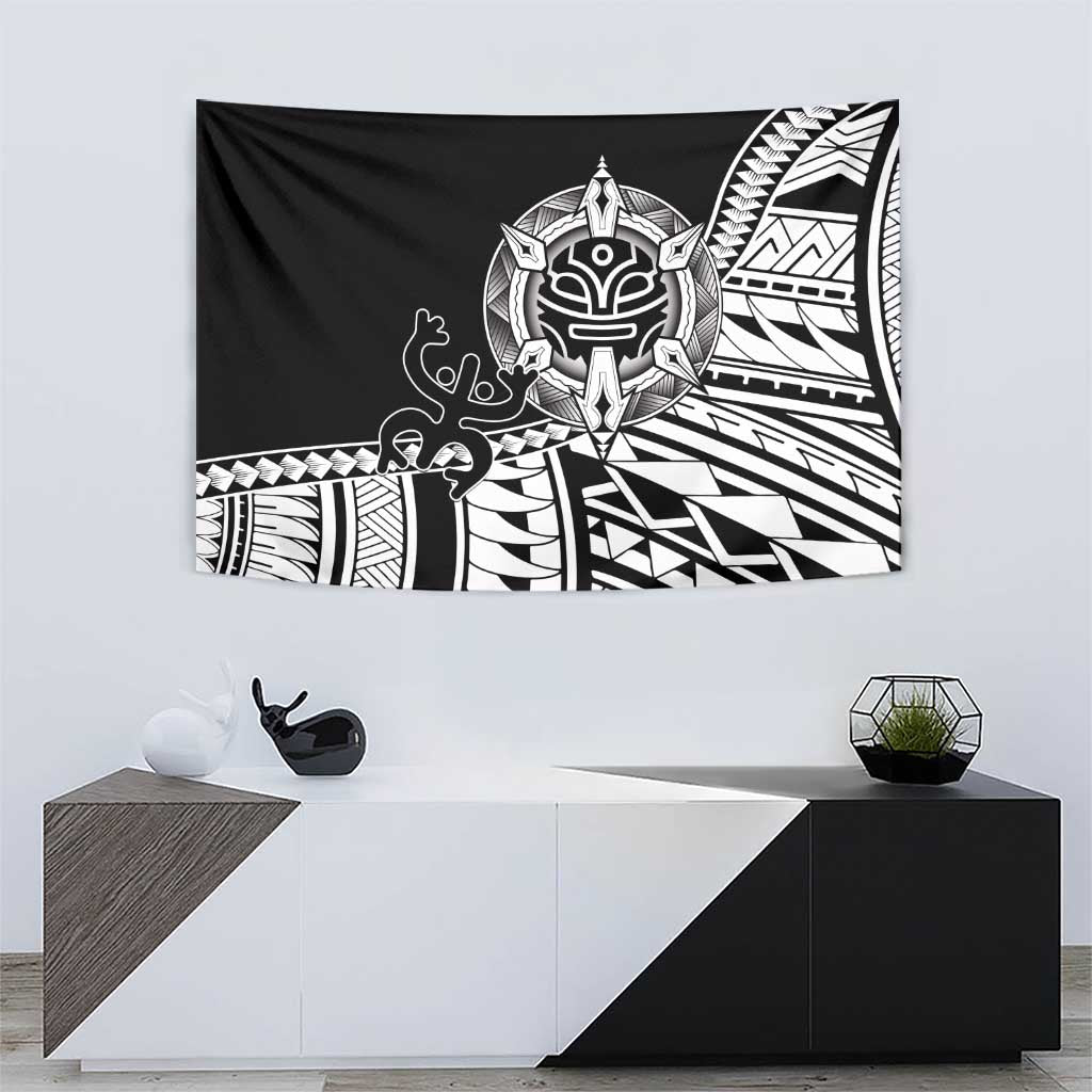 Black Polynesian tattoo tapestry with white tiki mask, curved figure, and stripe designs