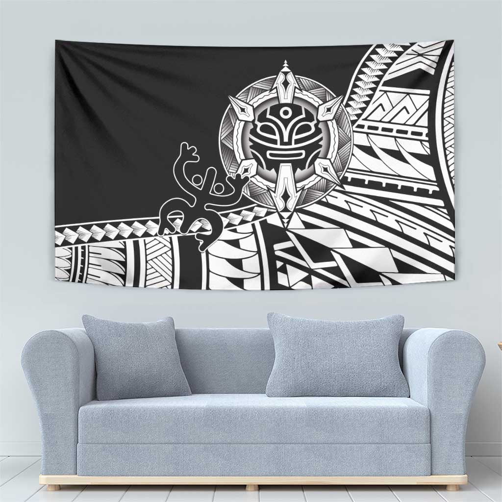 Black Polynesian tattoo tapestry featuring large white tiki mask and patterned border panels