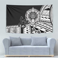 Black Polynesian tattoo tapestry featuring large white tiki mask and patterned border panels