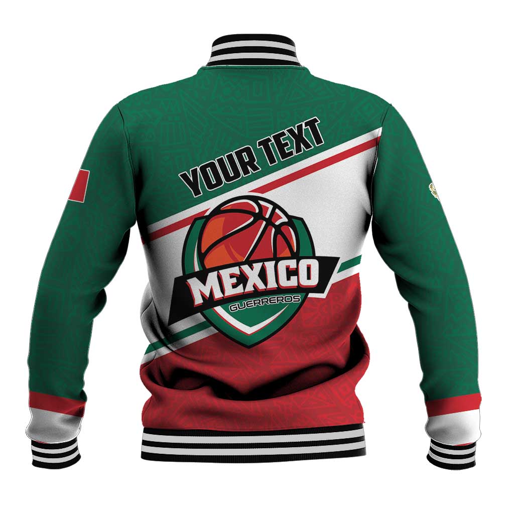 Green and white baseball jacket with red accents, button front, back YOUR TEXT Mexico logo