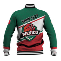 Green and white baseball jacket with red accents, button front, back YOUR TEXT Mexico logo