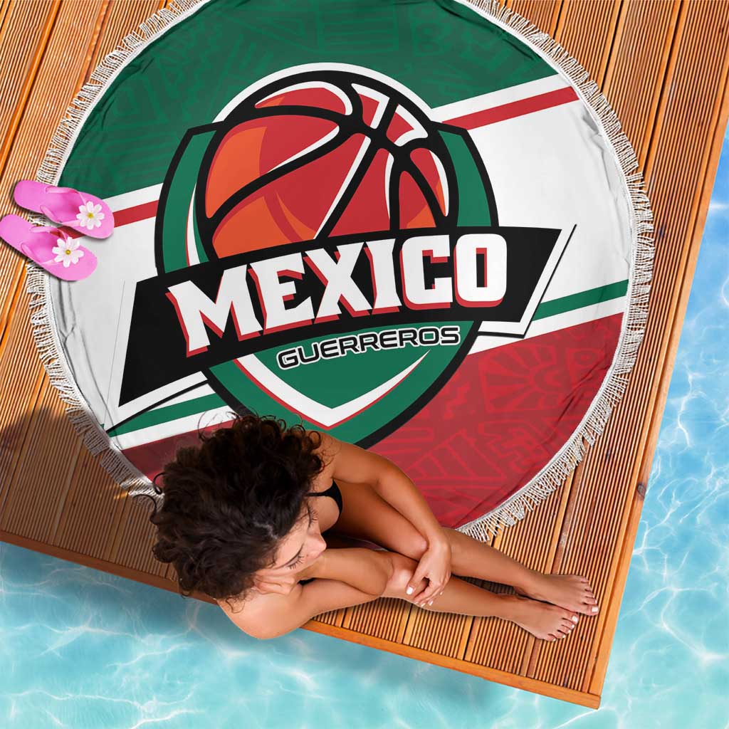 Round beach blanket with Mexico Guerreros logo, green-and-red design, fringed border