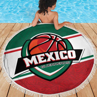 Round Mexico-themed beach blanket with basketball emblem, white fringe edge