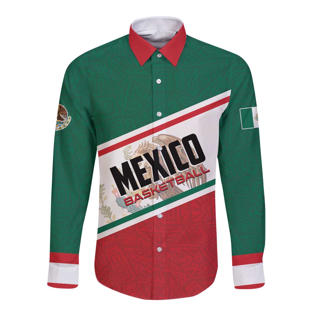 Green long-sleeve button shirt with Mexico basketball graphic and red/white stripes