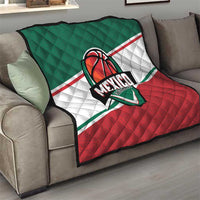 Mexico Guerreros quilt on sofa, green top, white stripe, red bottom with shield logo