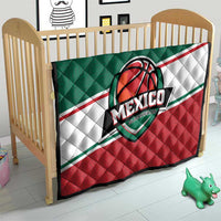 Mexico Guerreros quilt on baby bed, green top, white stripe, red panel with shield logo