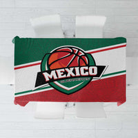 Basketball-themed tablecloth with Mexico logo, green border, and red patterned center