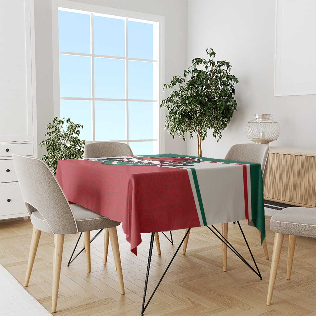 Red basketball tablecloth with Mexico Guerreros graphic and green-and-white stripe trim