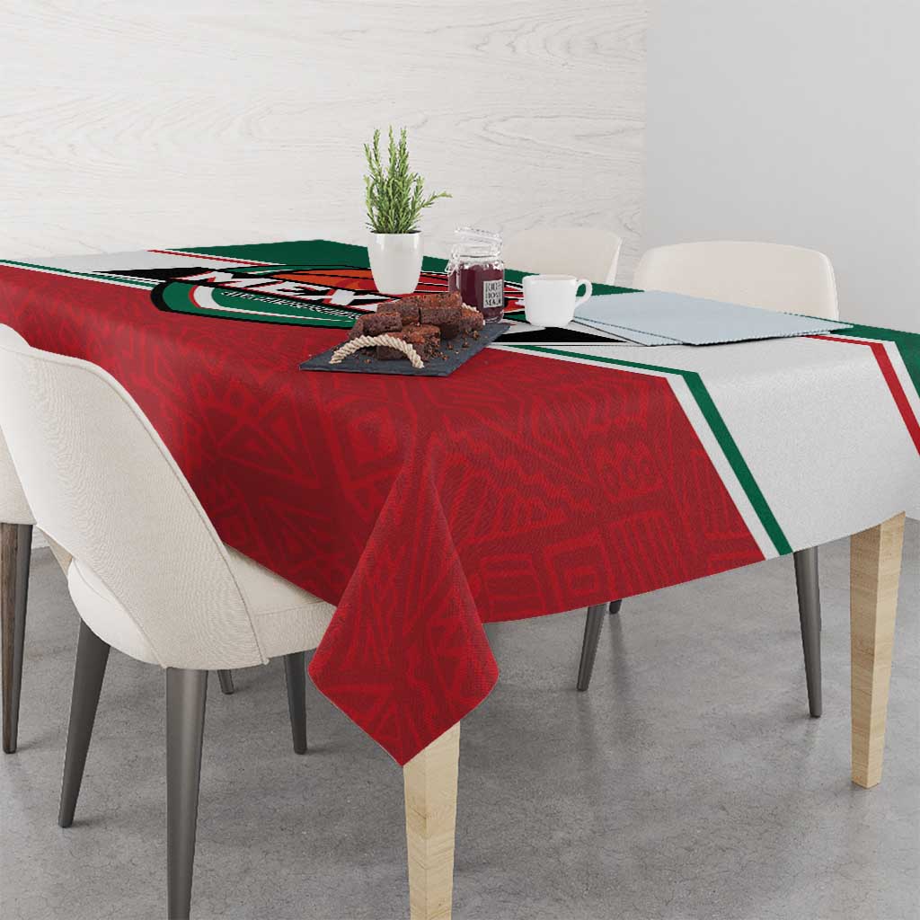 Red tablecloth draped on a dining table with Mexico Guerreros logo and green trim