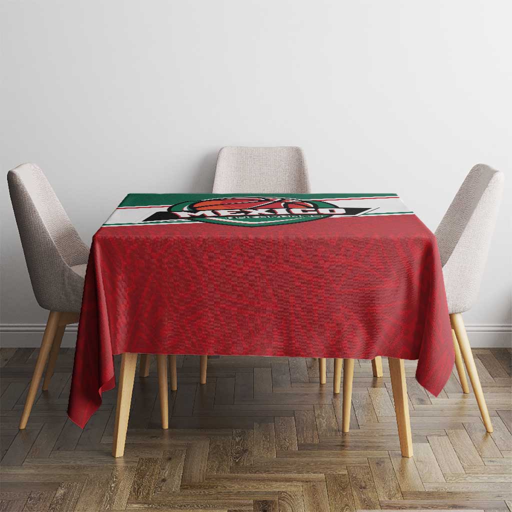 Red square tablecloth with Mexico Guerreros logo and green-striped border on dining set
