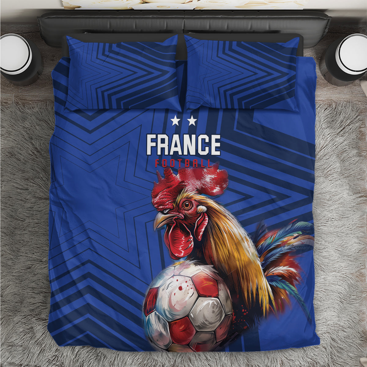 Blue France football bedding set with rooster graphic and soccer ball on duvet and two pillowcases