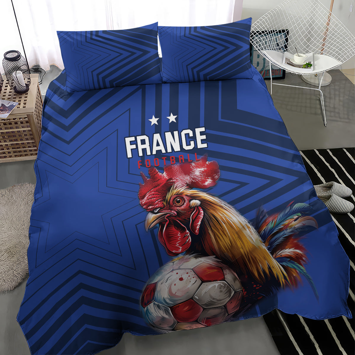 Blue France football bedding set, France Football text with rooster and soccer ball, two pillowcases